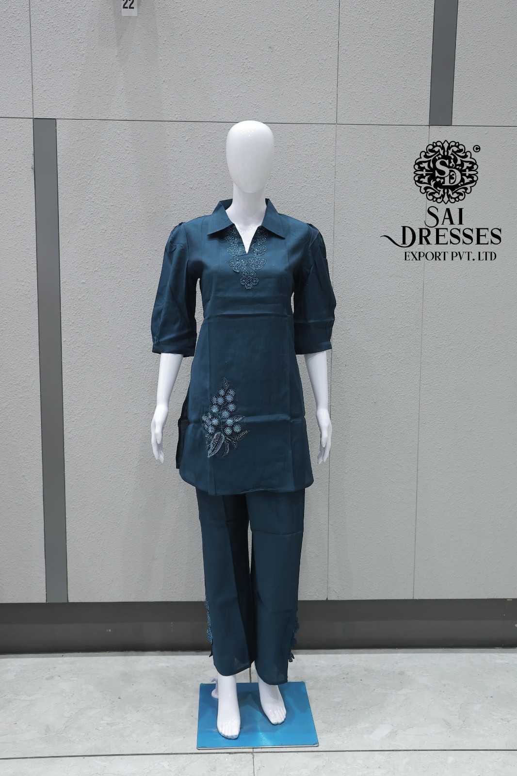 TEAL BLUE DESIGNER CO-ORD SET WITH HEAVY FLORAL EMBROIDERY