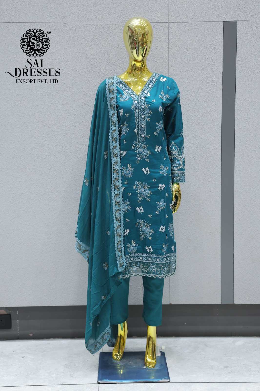 TEAL BLUE EMBROIDERED SUIT SET WITH MATCHING DUPATTA