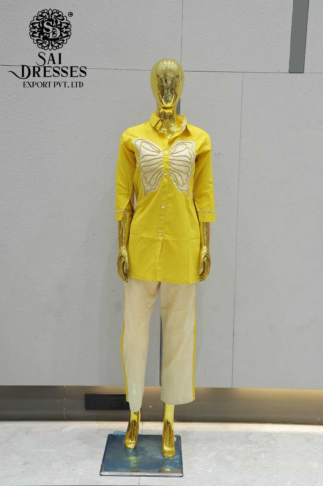 YELLOW BUTTERFLY EMBROIDERED SHIRT STYLE CO-ORD SET
