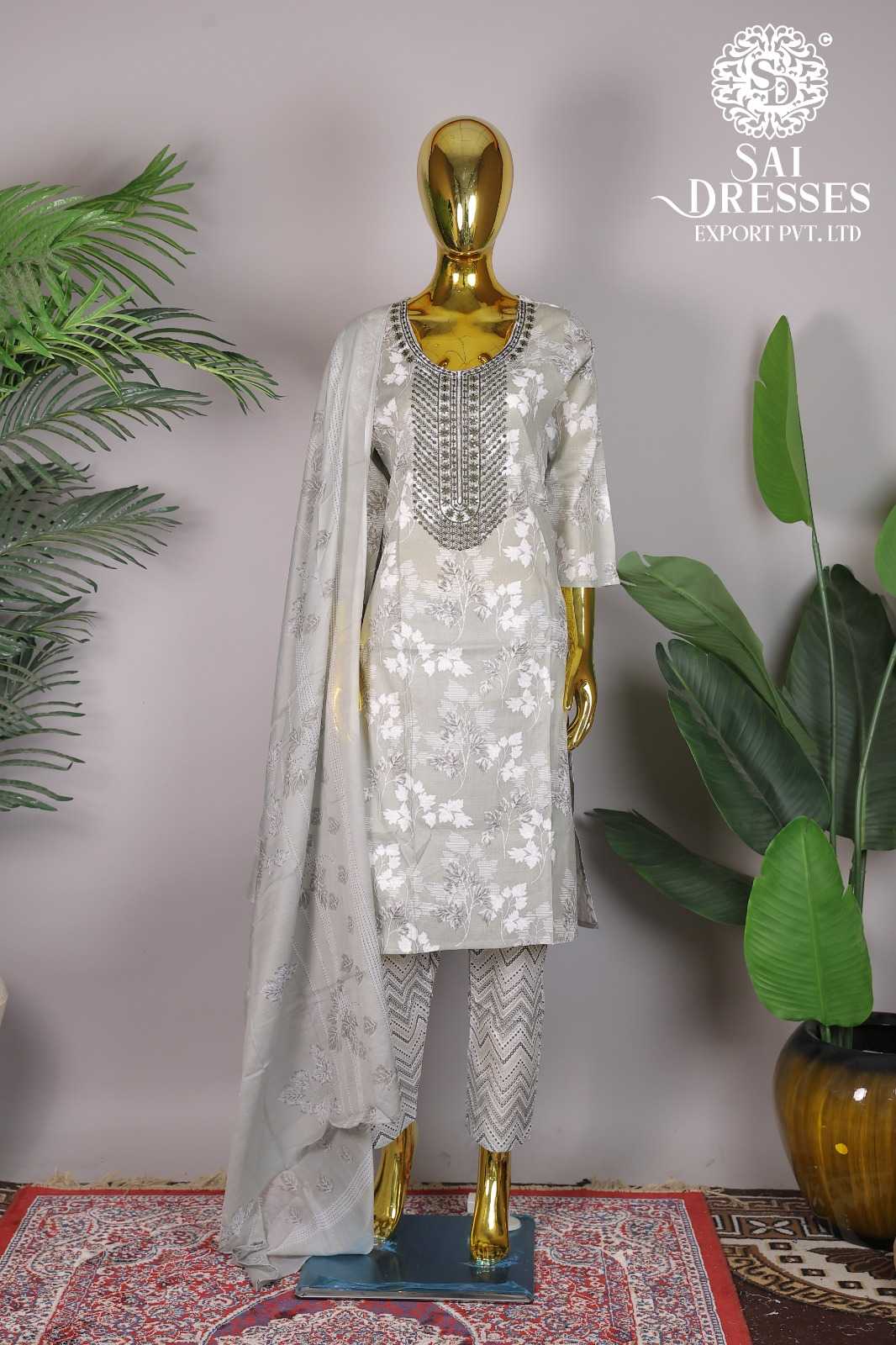 ASH GREY FLORAL PRINTED KURTI WITH PRINTED PANT AND DUPATTA SUIT SET