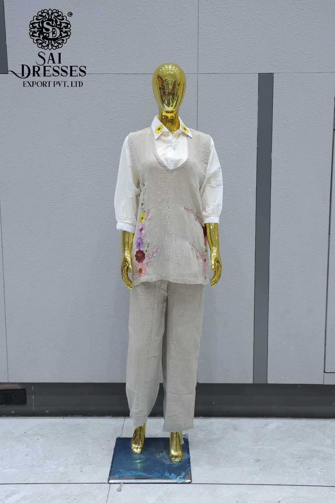 BEIGE FLORAL EMBROIDERED SHIRT STYLE KURTI WITH PANT | TRENDY LAYERED CO-ORD SET