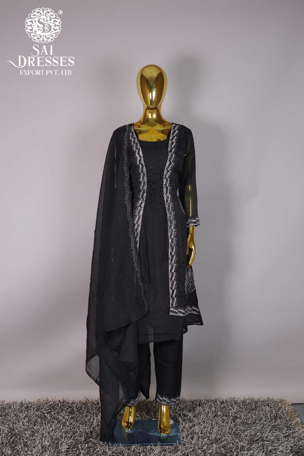 BLACK DESIGNER PRINT COTTON KURTA PANT DUPATTA SUIT SET