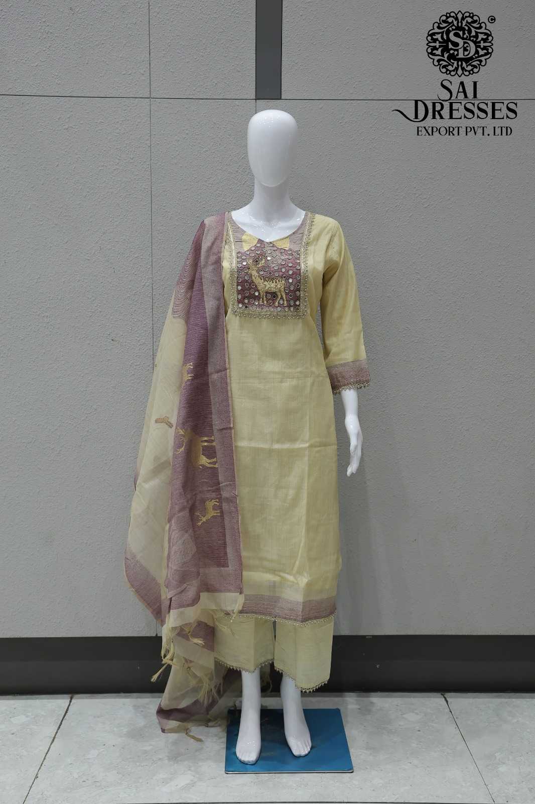 CREAM MAUVE DEER MOTIF KURTI WITH PANT AND WOVEN DUPATTA | PREMIUM DESIGNER ETHNIC SUIT SET