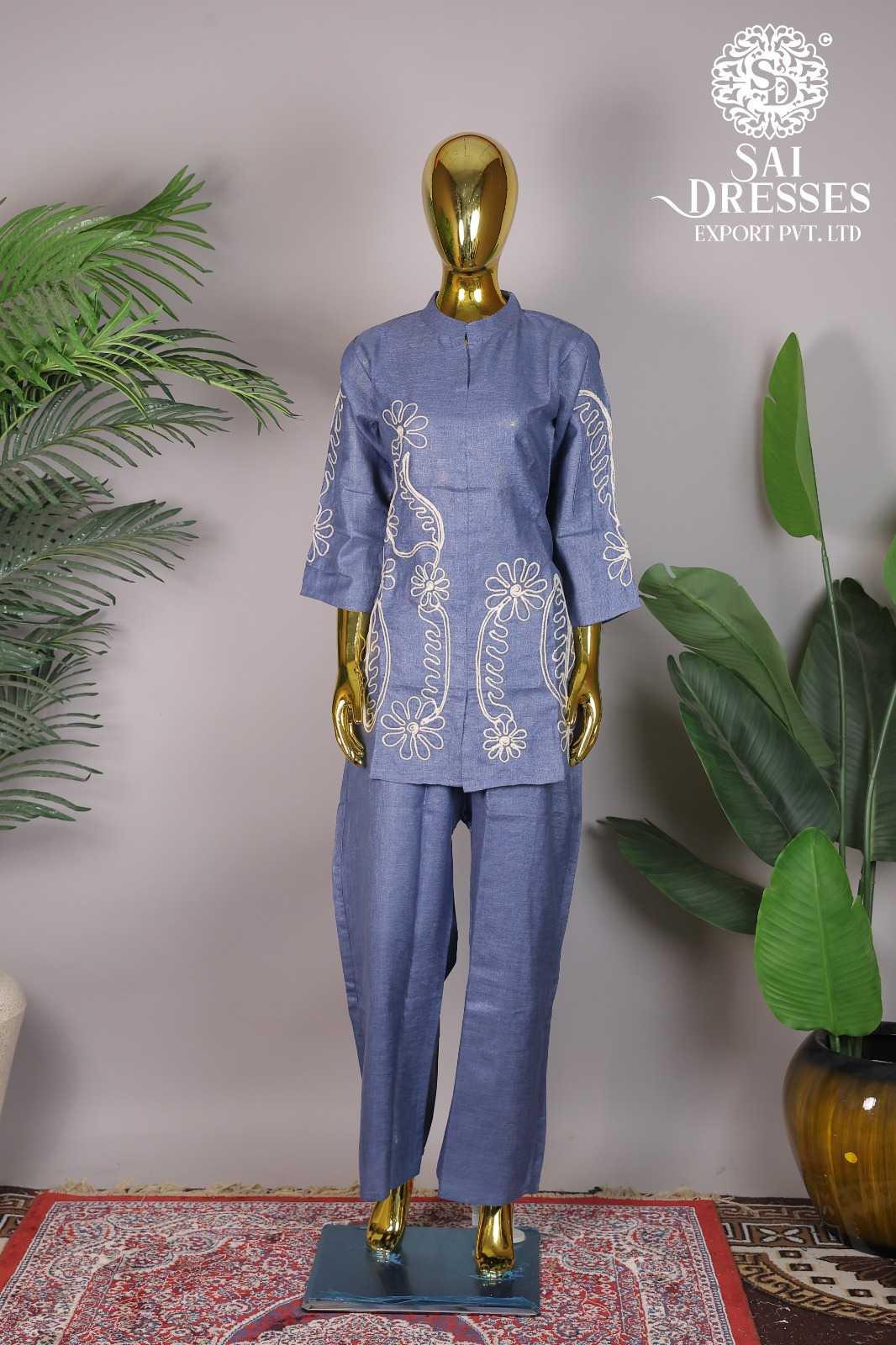 DENIM BLUE COTTON EMBROIDERED DESIGNER CO-ORD SET WITH STRAIGHT PANTS