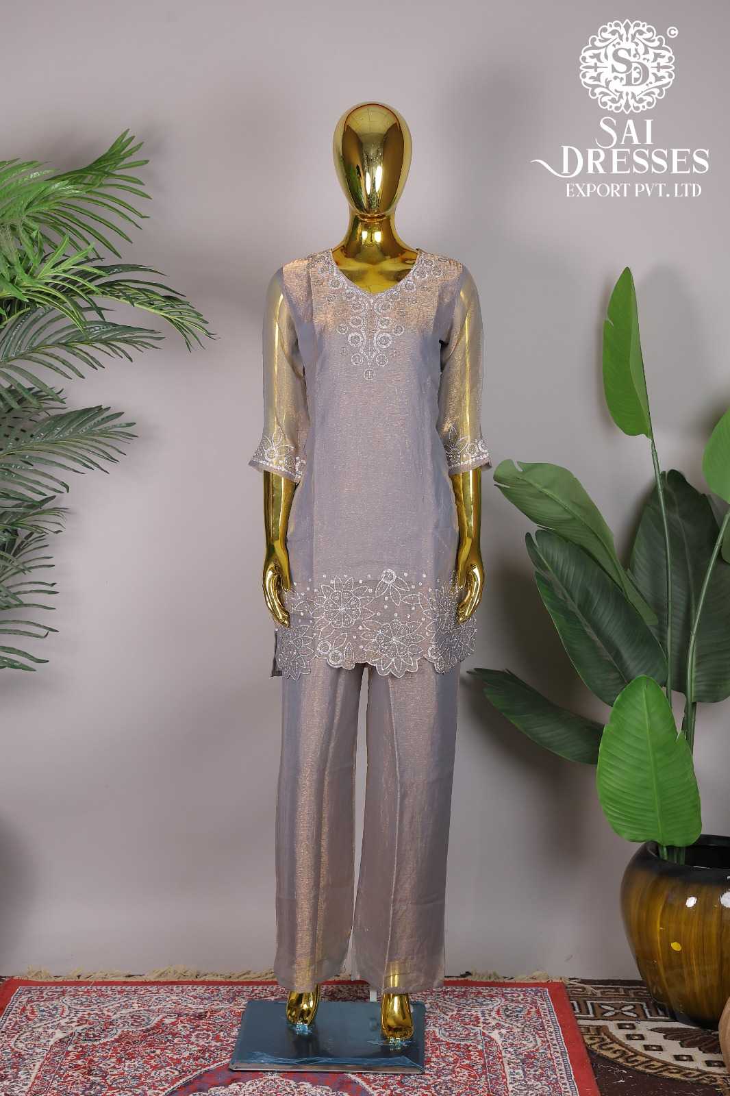GREY SHIMMER EMBROIDERED KURTI WITH PANT | DESIGNER PARTY WEAR CO-ORD SET