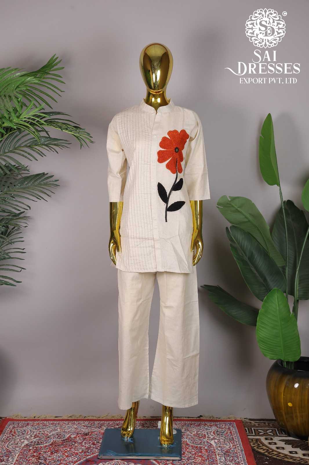 IVORY WHITE DESIGNER FLORAL APPLIQUE WORK CO-ORD SET FOR WOMEN
