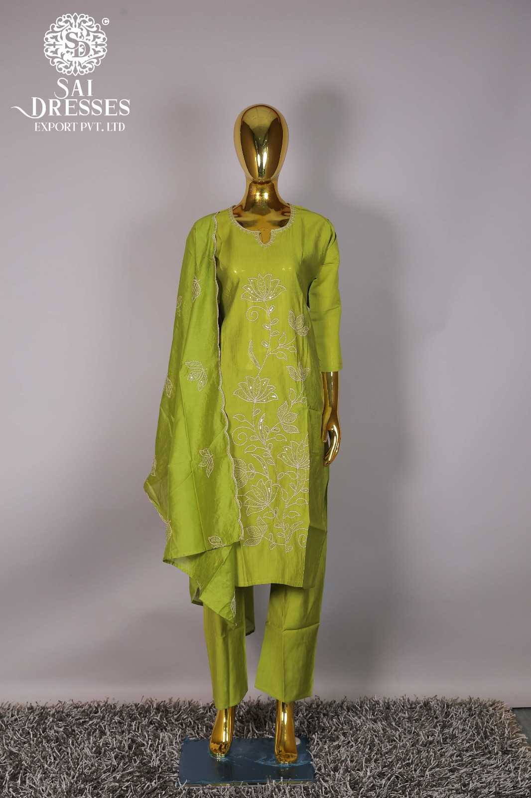 LIME GREEN FLORAL PRINT COTTON SUIT SET WITH MATCHING DUPATTA