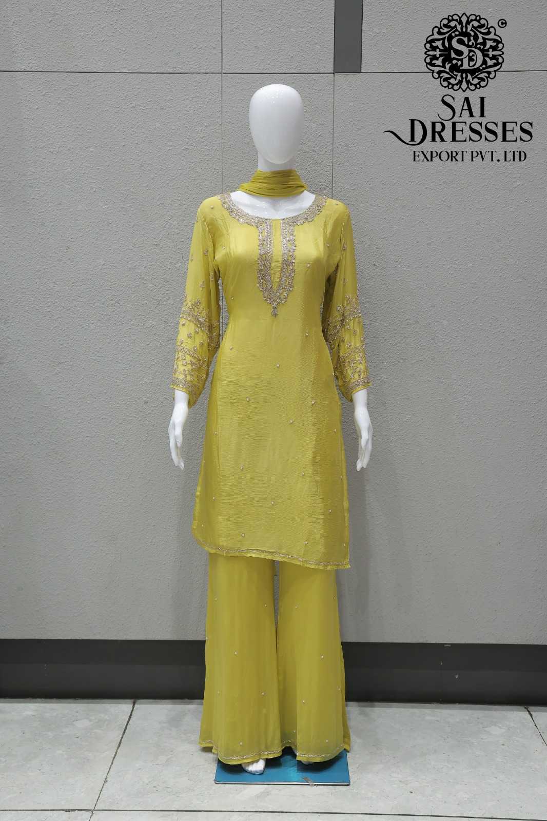 MUSTARD YELLOW EMBROIDERED KURTI WITH WIDE LEG PALAZZO AND DUPATTA SET