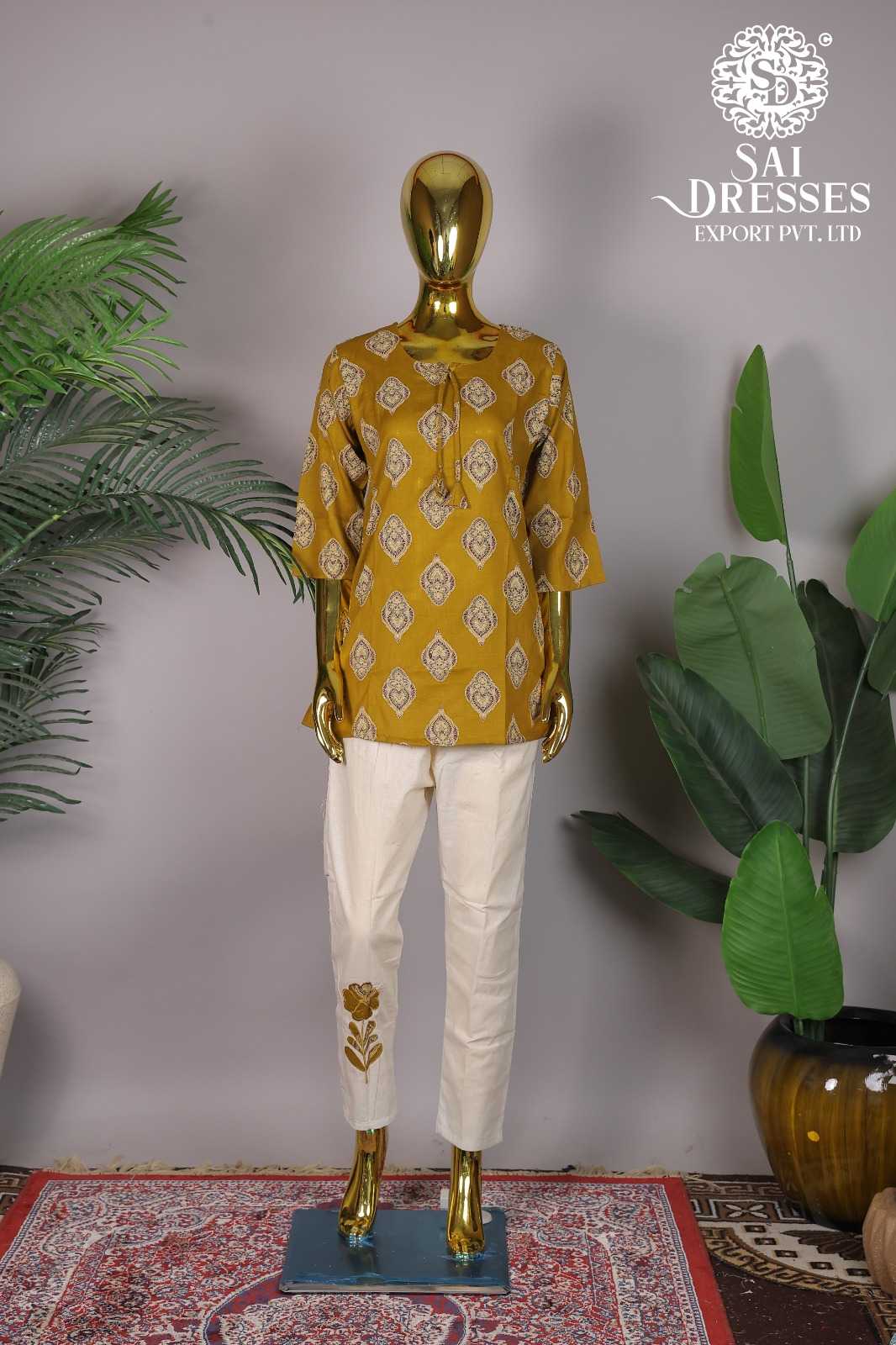MUSTARD YELLOW PRINTED COTTON TOP WITH EMBROIDERED TROUSER CO-ORD SET FOR WOMEN