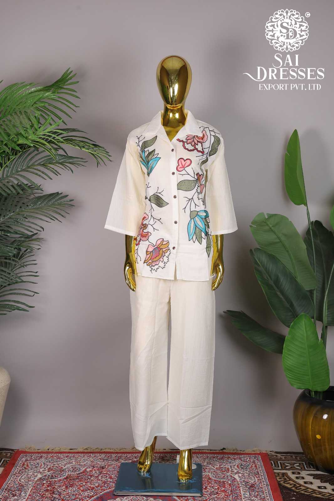 OFF WHITE FLORAL EMBROIDERED SHIRT WITH PALAZZO CO-ORD SET FOR WOMEN