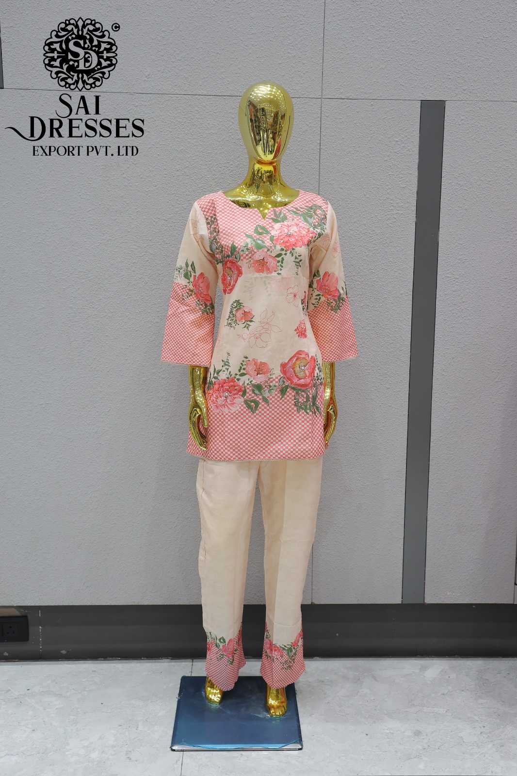 PEACH PINK FLORAL PRINTED DESIGNER TOP WITH TROUSER SET FOR WOMEN