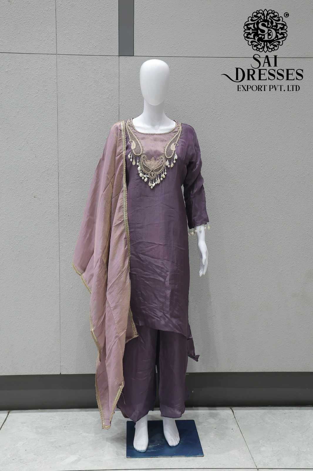 PREMIUM PURPLE SILK LOOK EMBROIDERED KURTI WITH PALAZZO AND CONTRAST DUPATTA SET