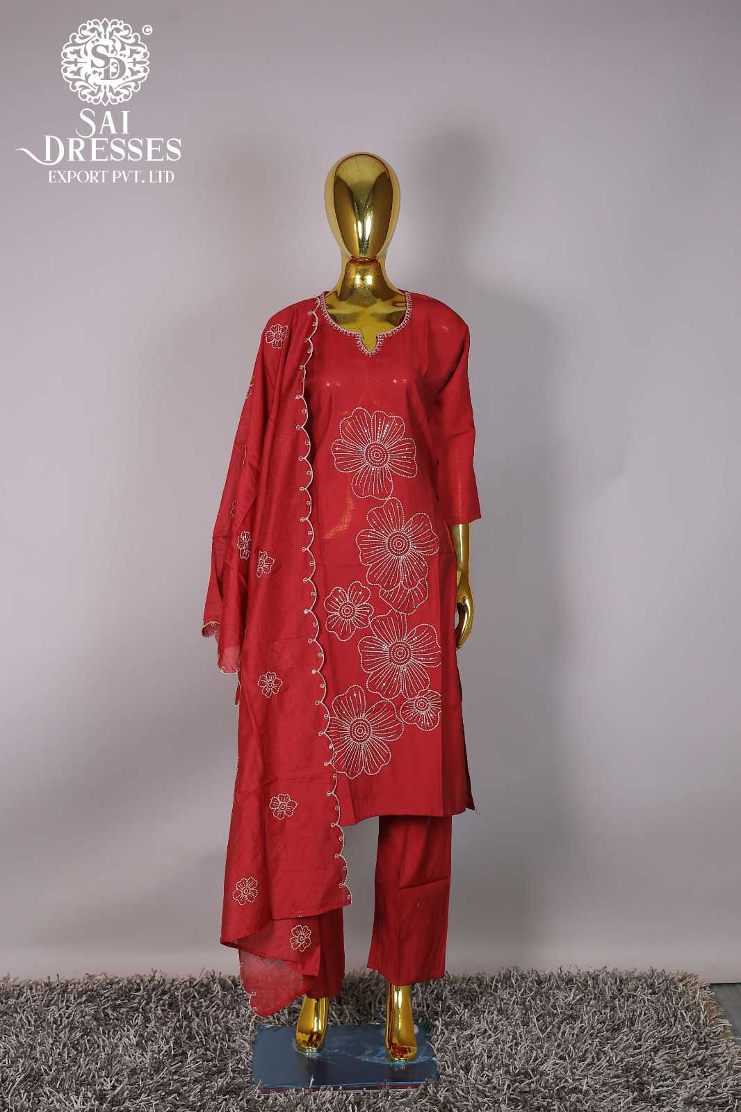 RED FLORAL PRINT COTTON STRAIGHT KURTA SUIT SET WITH DUPATTA