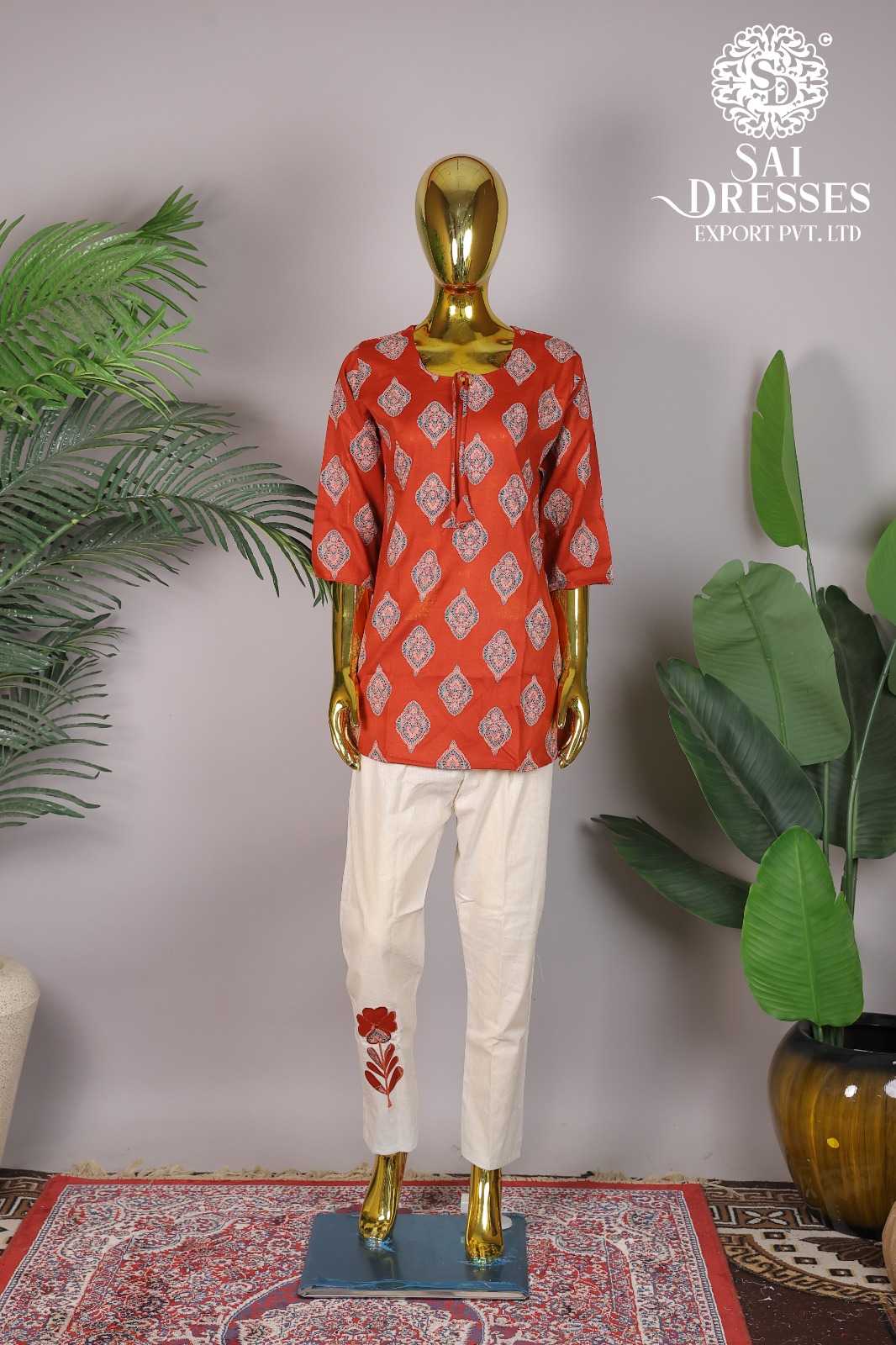 RUST ORANGE ETHNIC PRINTED COTTON TOP WITH EMBROIDERED PANT CO-ORD SET