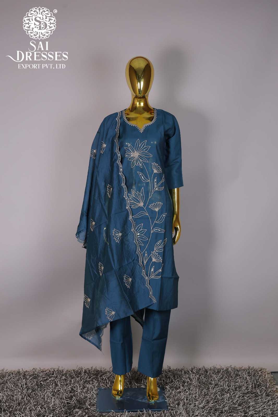 TEAL BLUE FLORAL PRINT STRAIGHT KURTA SUIT SET WITH DUPATTA