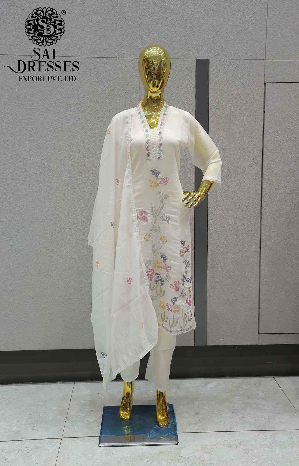 WHITE FLORAL PRINT COTTON SUIT SET WITH DUPATTA AND PANT