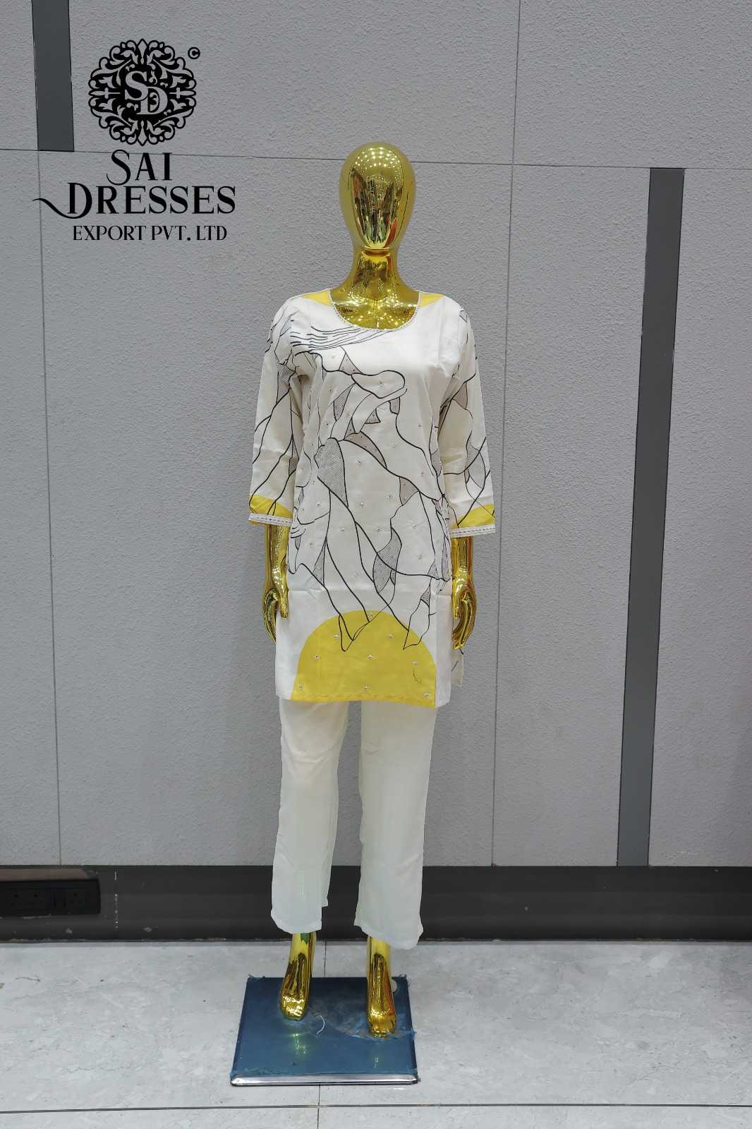 WHITE YELLOW ABSTRACT PRINT DESIGNER KURTI WITH TROUSER SET