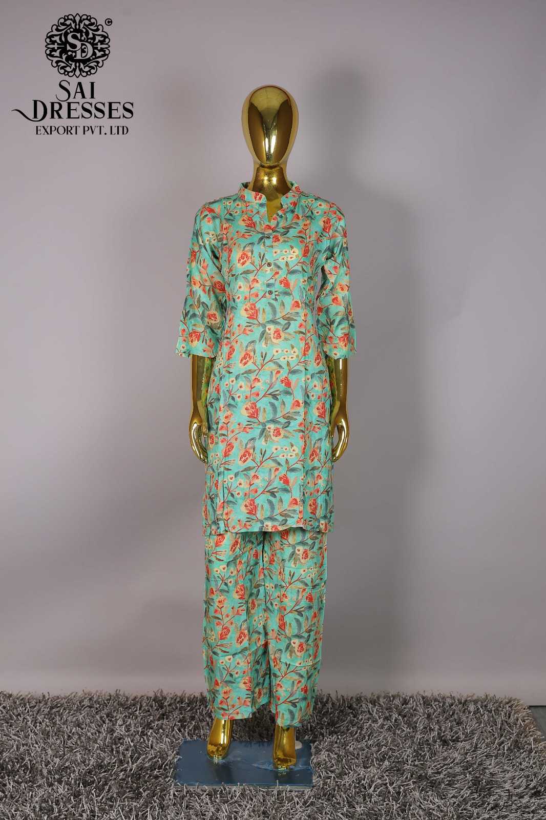 WOMEN'S AQUA BLUE BOTANICAL FLORAL PRINT STRAIGHT KURTI PANT CO-ORD SET