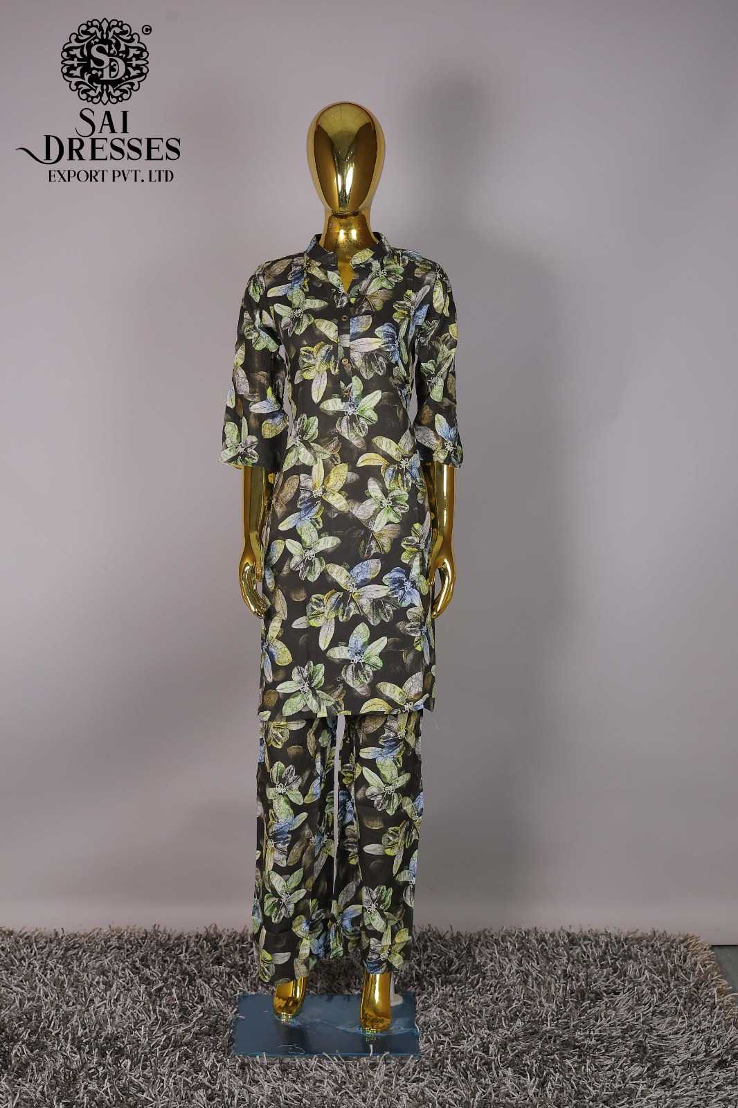 WOMEN'S BLACK MULTICOLOR LEAF PRINT DESIGNER KURTI PANT CO-ORD SET