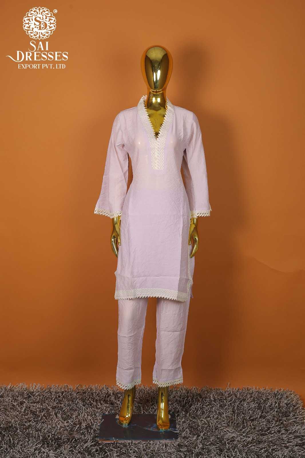 WOMEN'S BLUSH PINK LACE DETAIL DESIGNER KURTI PANT CO-ORD SET