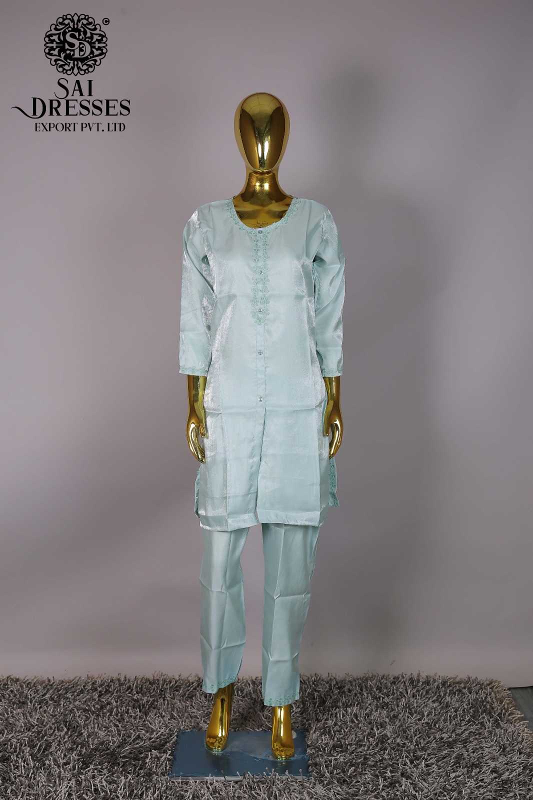 WOMEN'S ICE BLUE SATIN EMBELLISHED STRAIGHT KURTI PANT CO-ORD SET