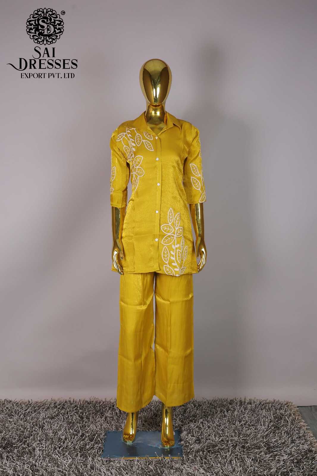 WOMEN'S MUSTARD YELLOW EMBROIDERED SHIRT STYLE KURTI PALAZZO CO-ORD SET