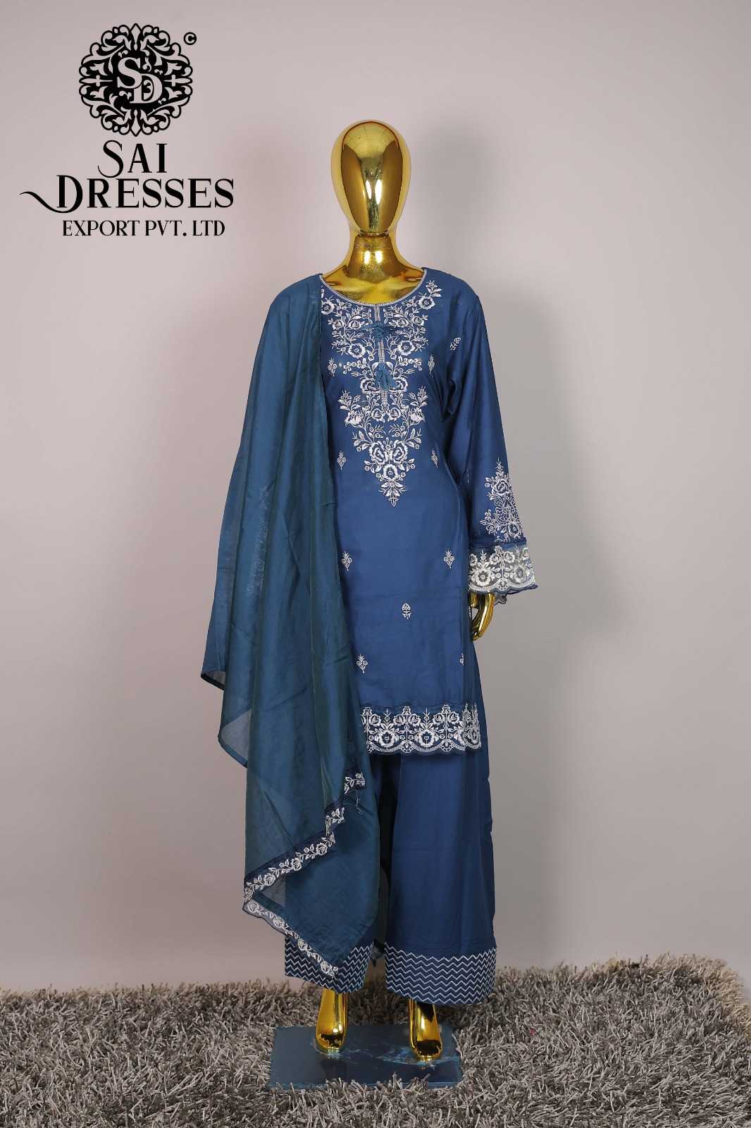 WOMEN'S NAVY BLUE THREAD EMBROIDERED KURTA WITH PALAZZO AND DUPATTA SET