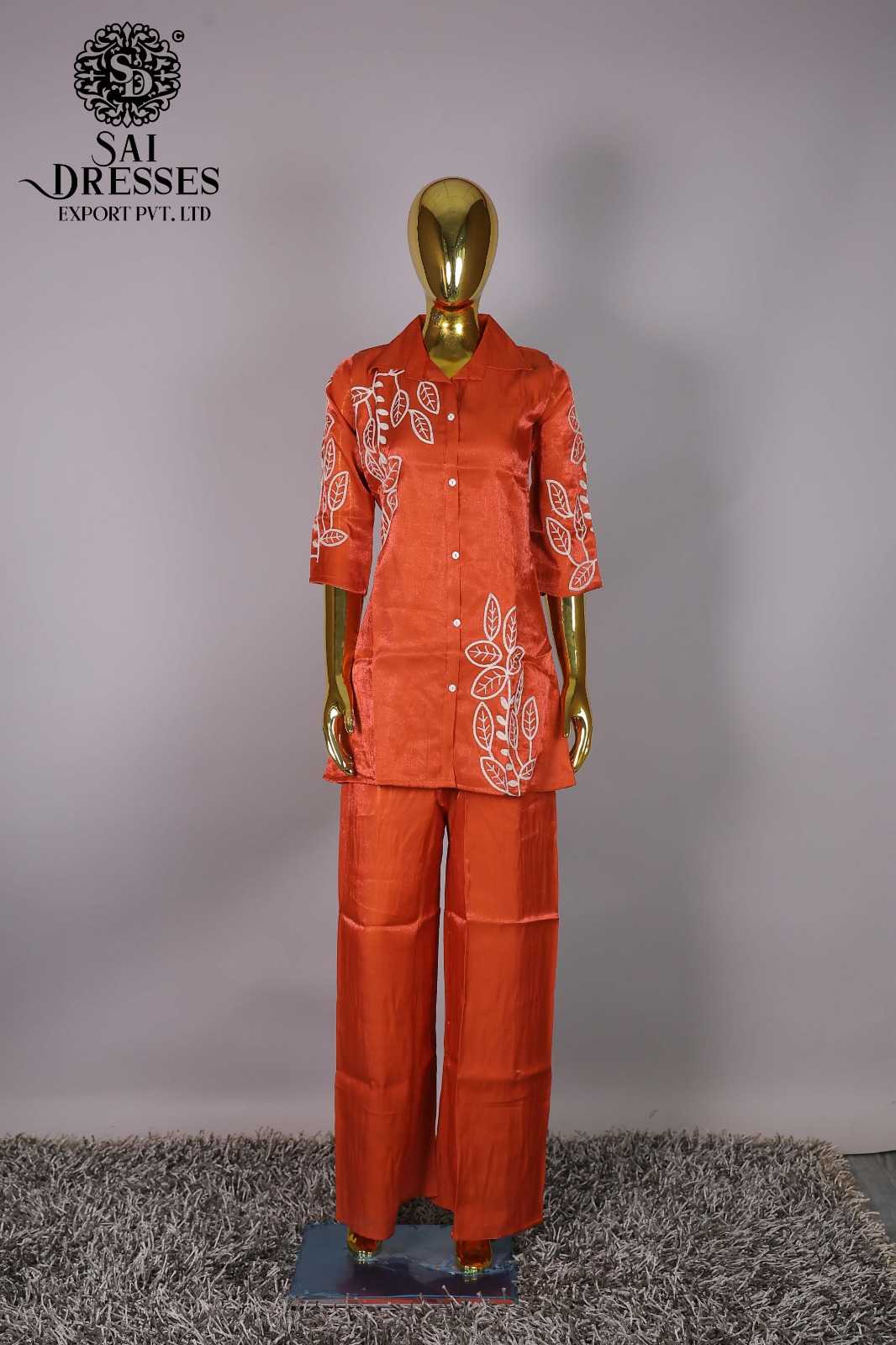 WOMEN'S RUST ORANGE EMBROIDERED SHIRT STYLE KURTI PALAZZO CO-ORD SET