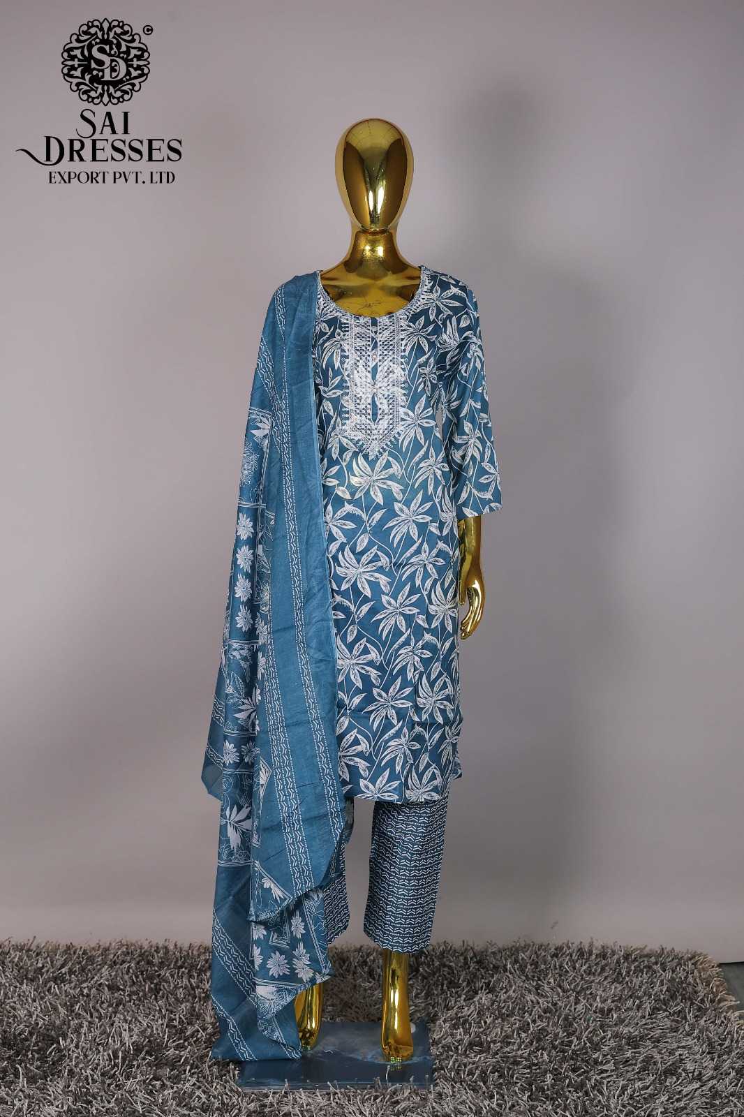 WOMEN'S STEEL BLUE FLORAL PRINTED KURTA WITH PRINTED PANT AND DUPATTA SET