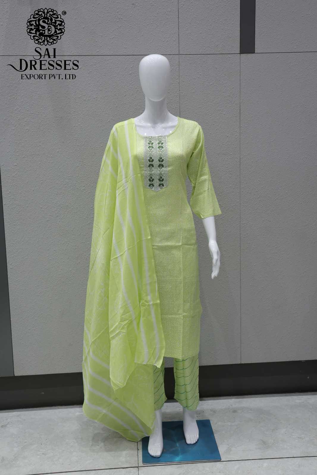 LIME GREEN EMBROIDERED COTTON KURTA PANT DUPATTA SET