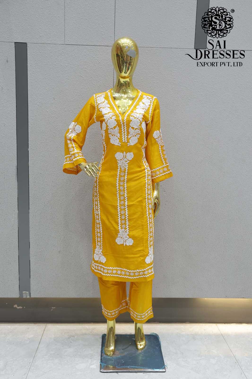 MUSTARD YELLOW FLORAL EMBROIDERED COTTON KURTA PANT SET FOR WOMEN