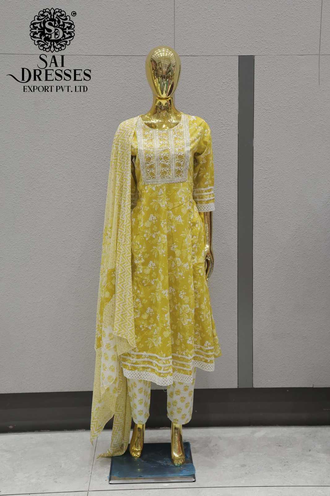 MUSTARD YELLOW FLORAL PRINTED ANARKALI KURTA PANT DUPATTA SET