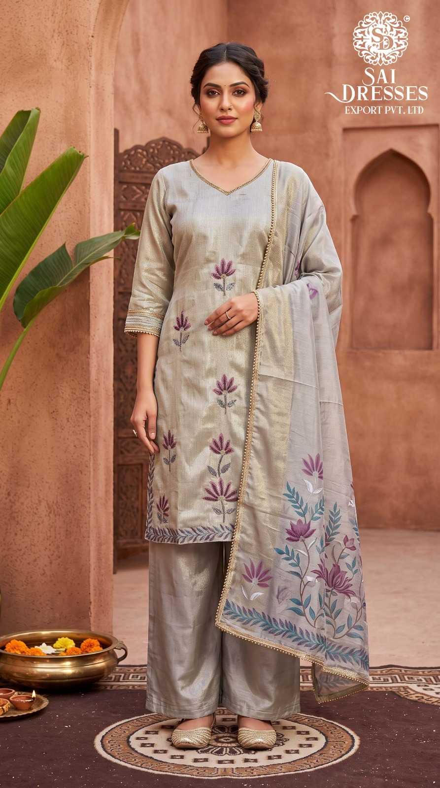 PREMIUM GREY FLORAL PRINT STRAIGHT KURTA WITH PALAZZO & DUPATTA SET