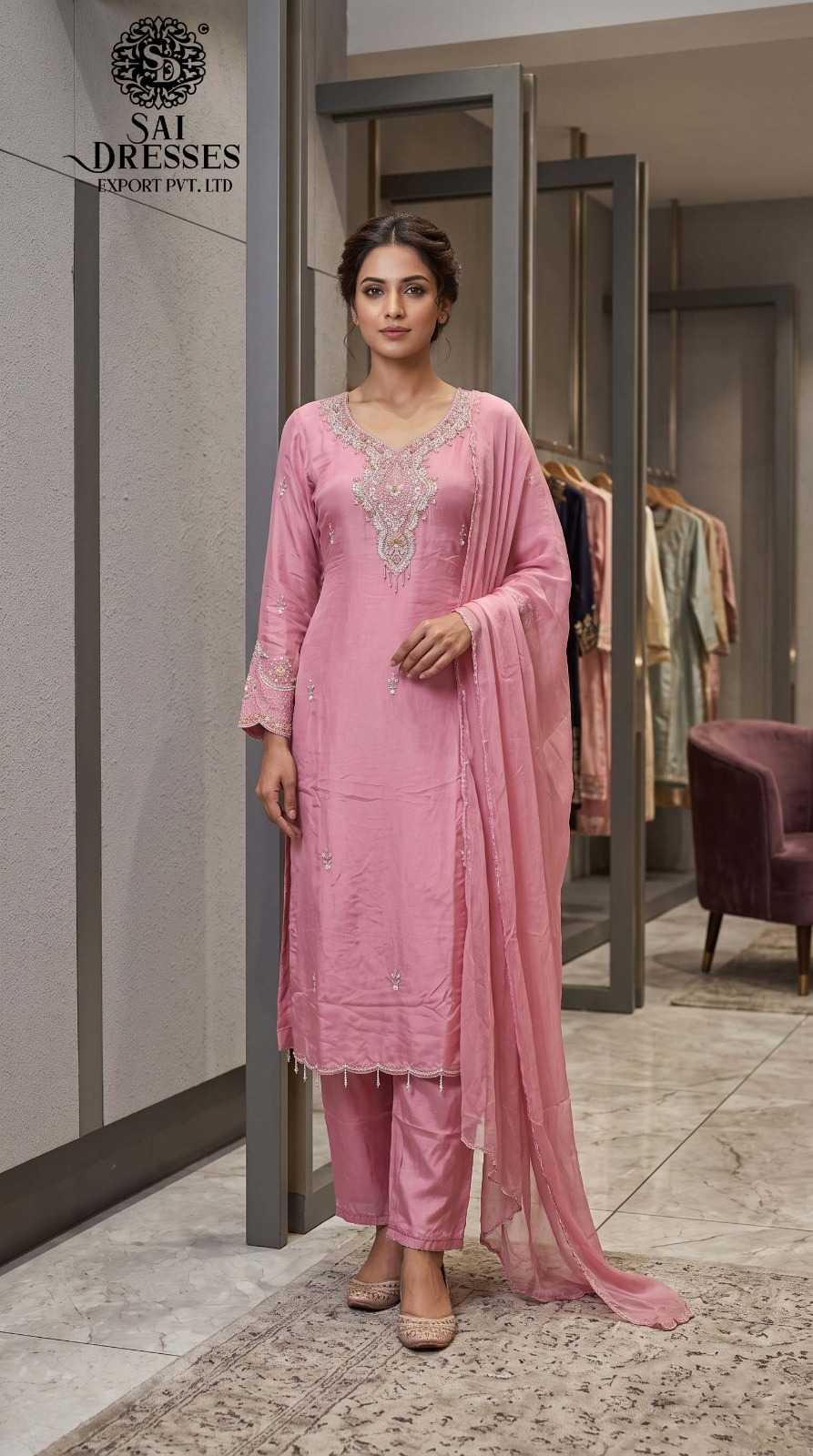 DUSTY PINK PREMIUM NECK EMBROIDERED STRAIGHT KURTA WITH PANT & DUPATTA SET
