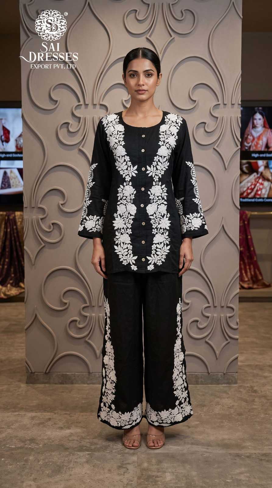 PREMIUM BLACK FLORAL PRINT BUTTON STYLE SHORT KURTA WITH MATCHING WIDE LEG PANT CO-ORD SET