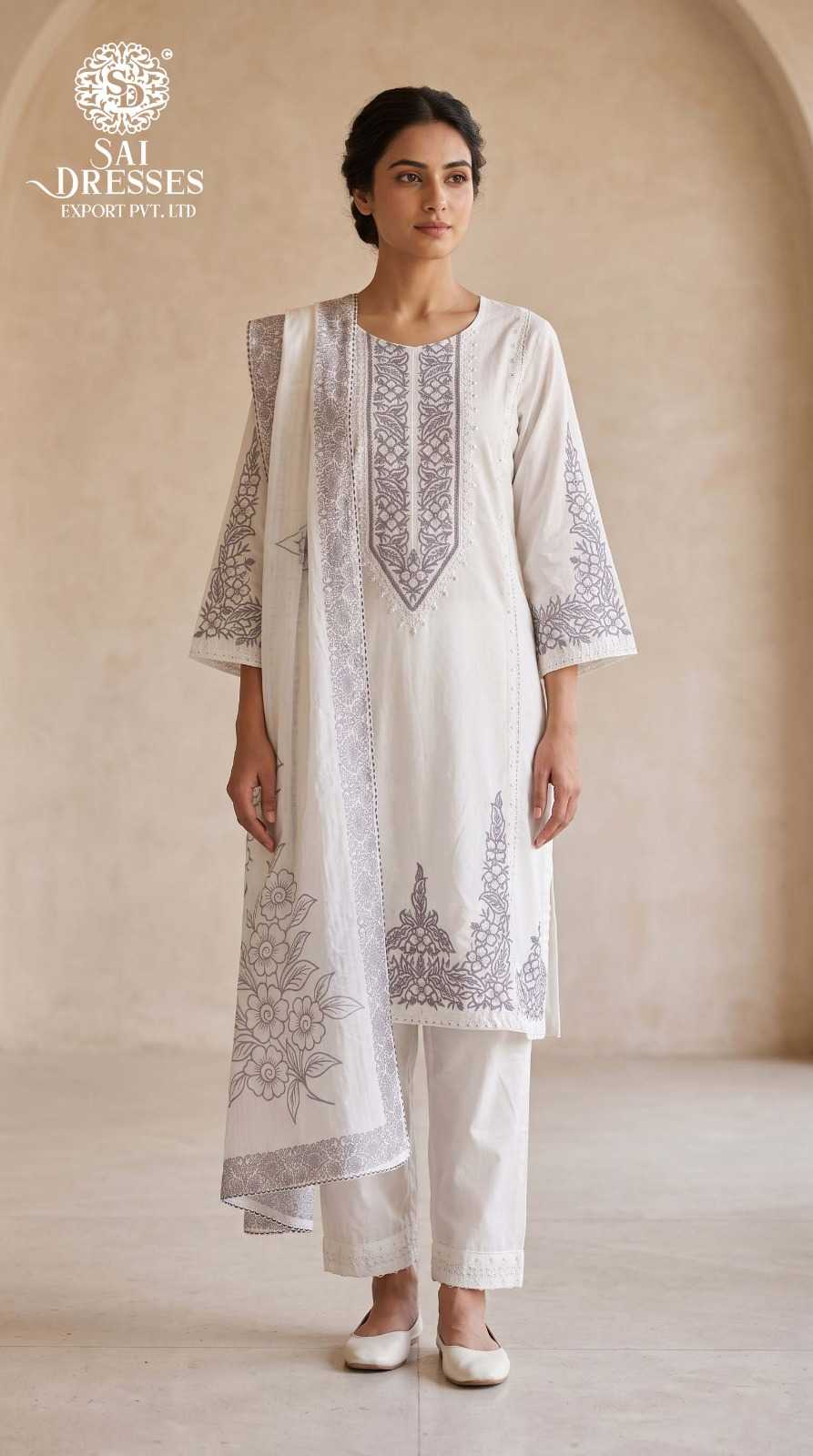 PREMIUM IVORY WHITE FLORAL PRINT STRAIGHT KURTA WITH PANT & PRINTED DUPATTA SET