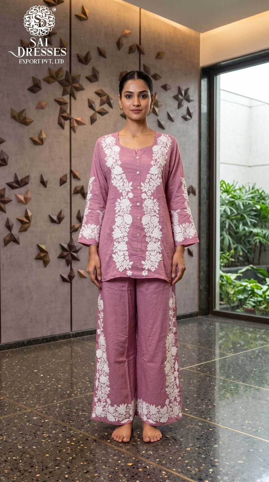 PREMIUM MAUVE PINK FLORAL PRINT BUTTON STYLE SHORT KURTA WITH MATCHING WIDE LEG PANT CO-ORD SET