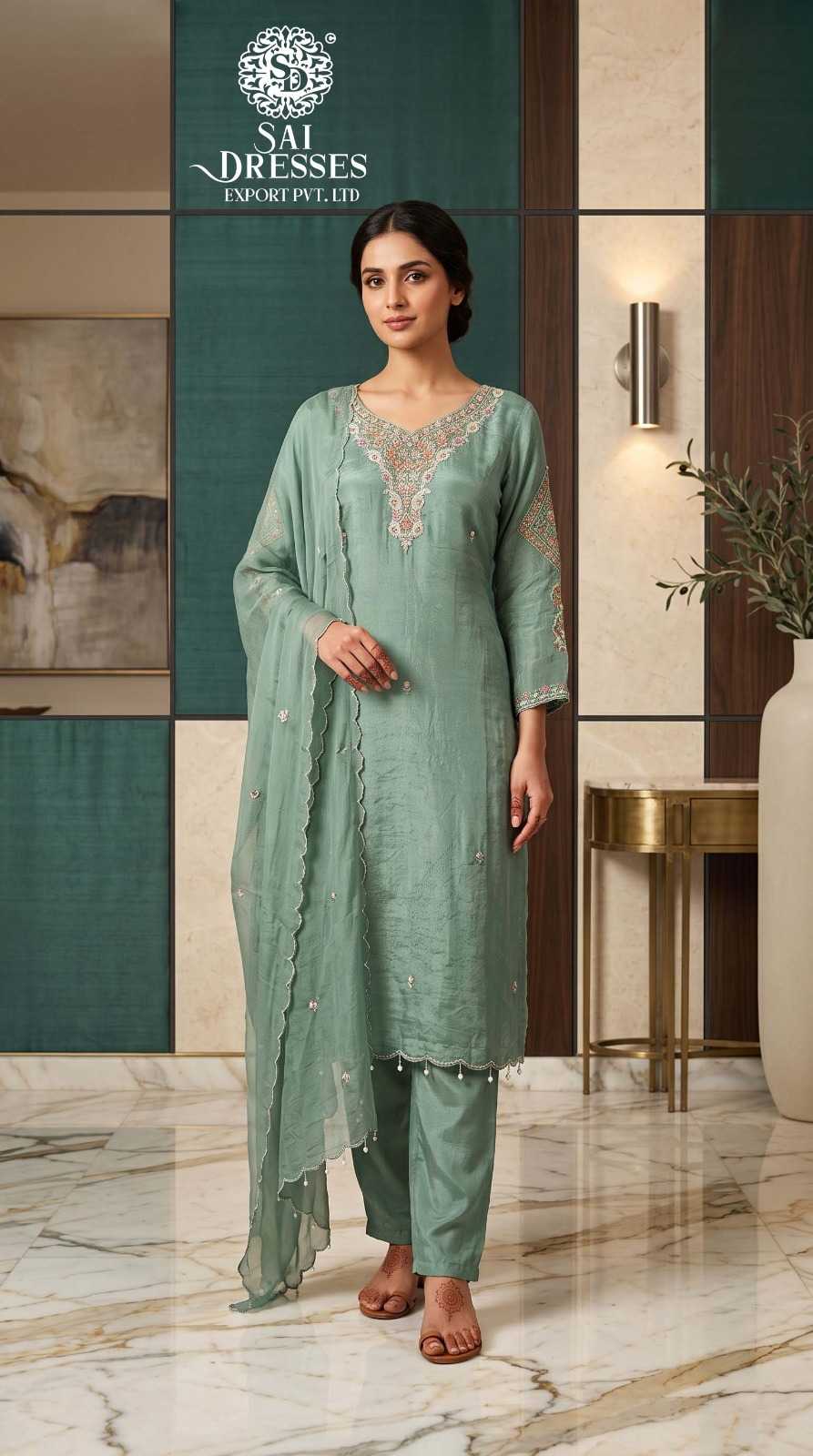 PREMIUM NECK EMBROIDERED STRAIGHT KURTA WITH PANT & DUPATTA SET