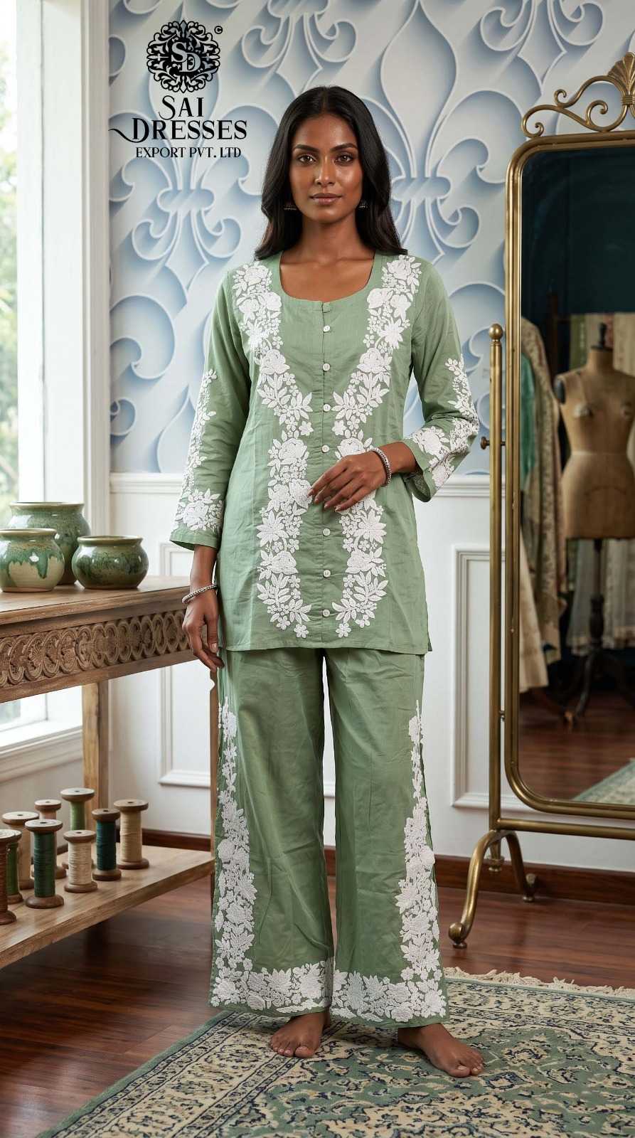 PREMIUM SAGE GREEN FLORAL PRINT BUTTON STYLE SHORT KURTA WITH MATCHING WIDE LEG PANT CO-ORD SET