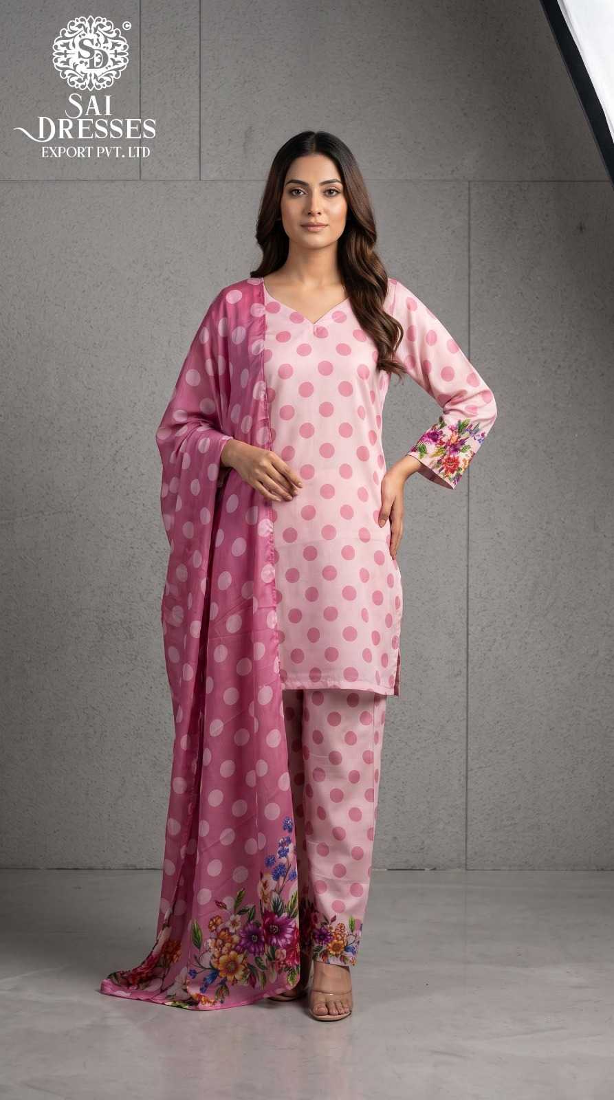 BABY PINK POLKA DOT AND FLORAL BORDER PRINT KURTA PANT WITH MATCHING DUPATTA SET