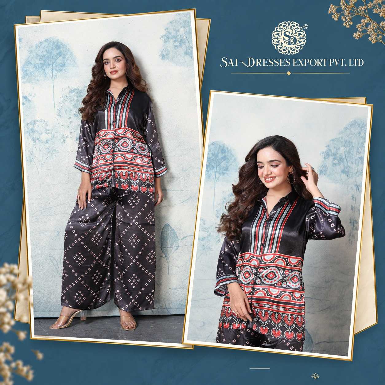 BLACK RED GEOMETRIC ETHNIC PRINT SHIRT WITH WIDE LEG PRINTED PANT CO-ORD SET