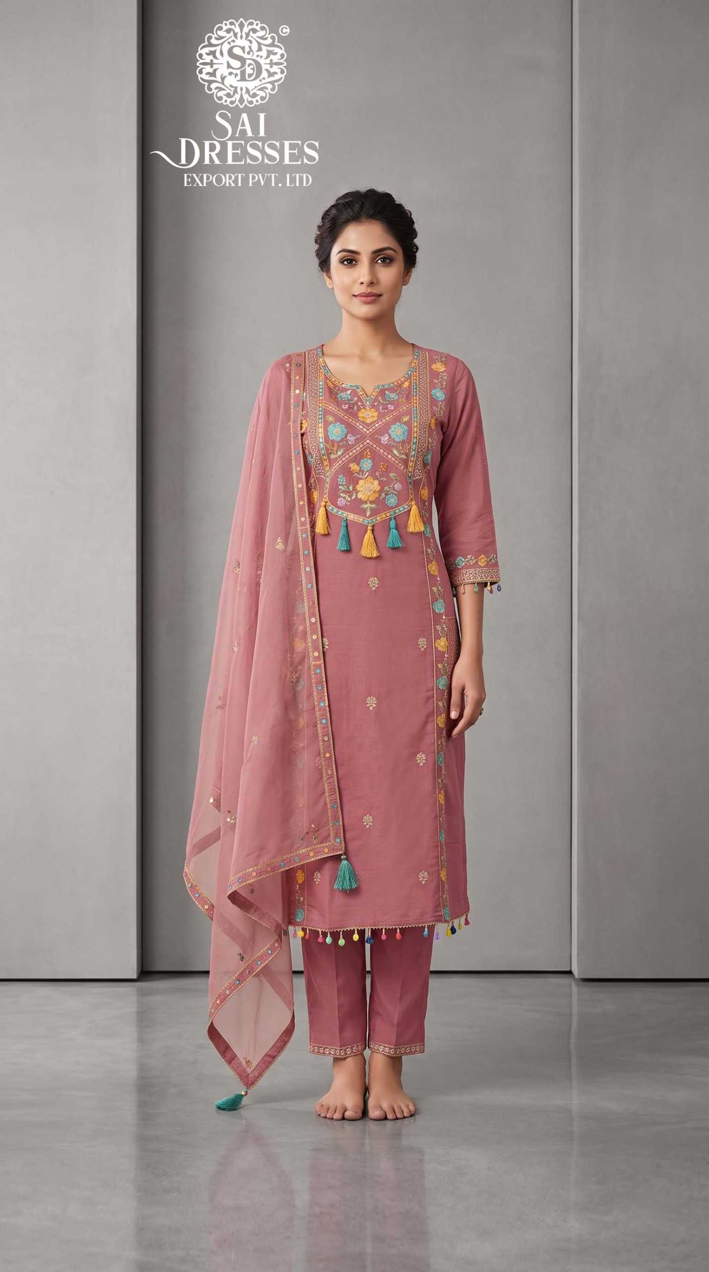 DUSTY PINK MULTICOLOUR EMBROIDERED KURTA PANT WITH DUPATTA SET