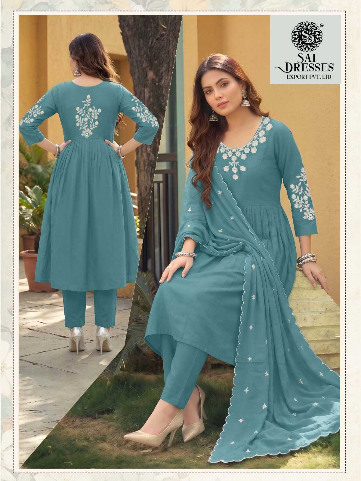 DUSTY TEAL WHITE FLORAL EMBROIDERED ANARKALI KURTA PANT WITH SCALLOPED DUPATTA SET