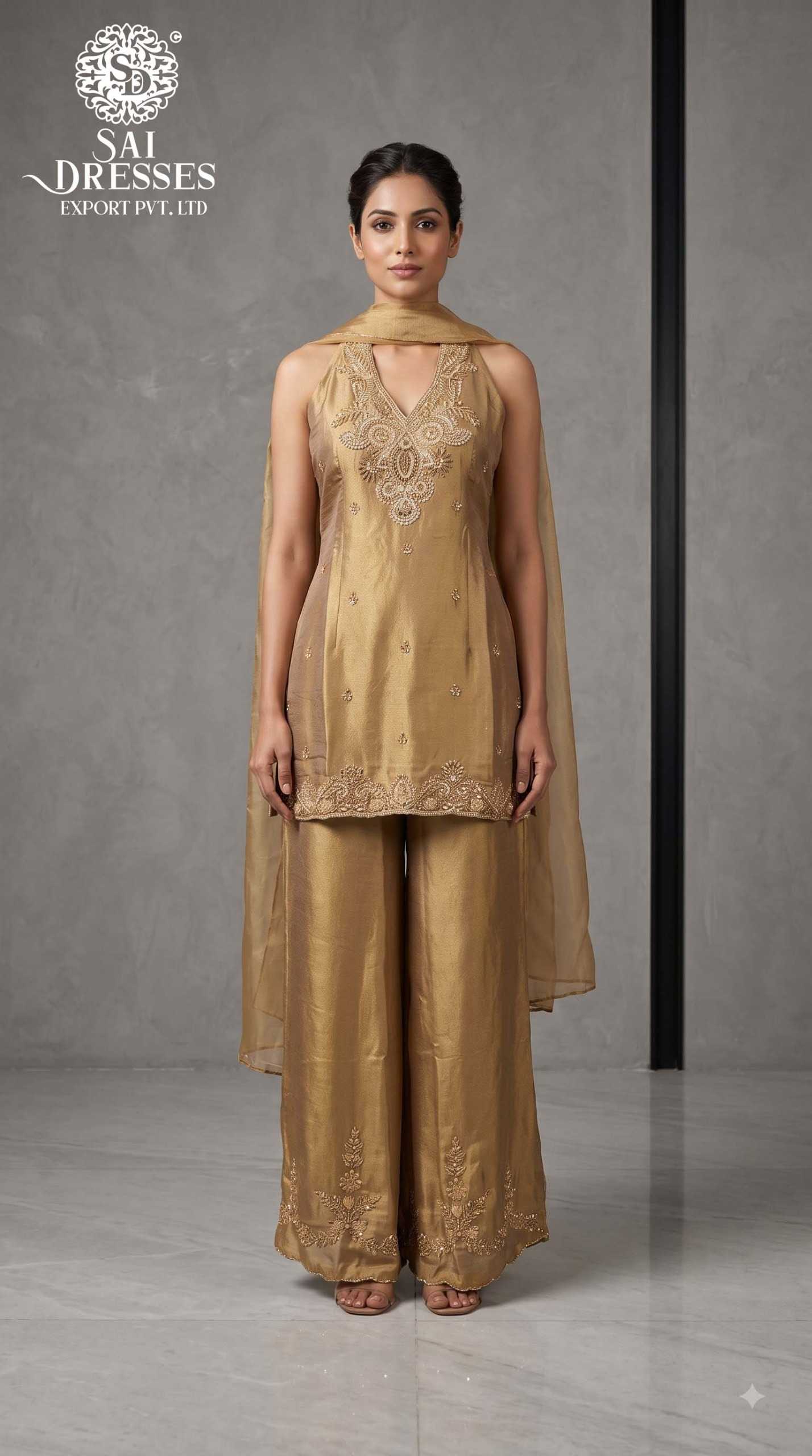GOLDEN HEAVY EMBROIDERED SHORT KURTA WITH WIDE LEG PALAZZO SET
