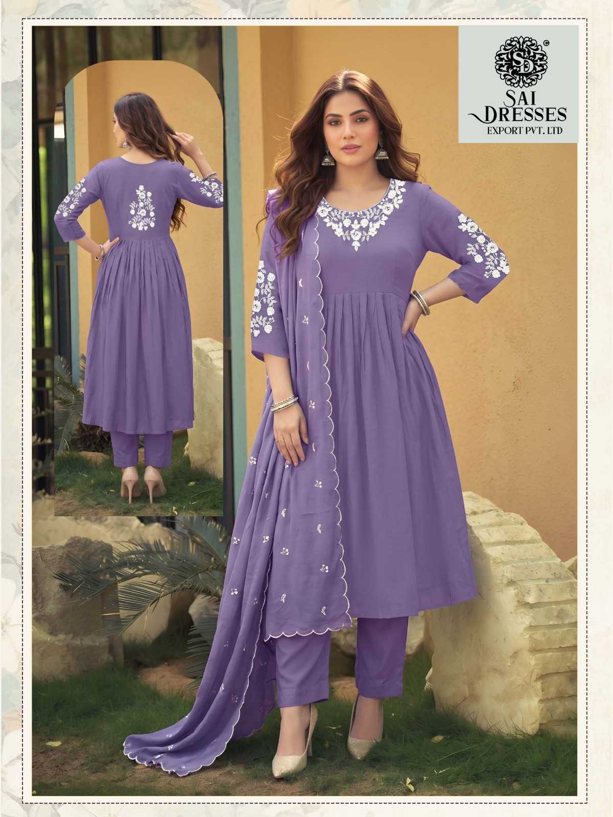 LAVENDER WHITE FLORAL EMBROIDERED ANARKALI KURTA PANT WITH SCALLOPED DUPATTA SET