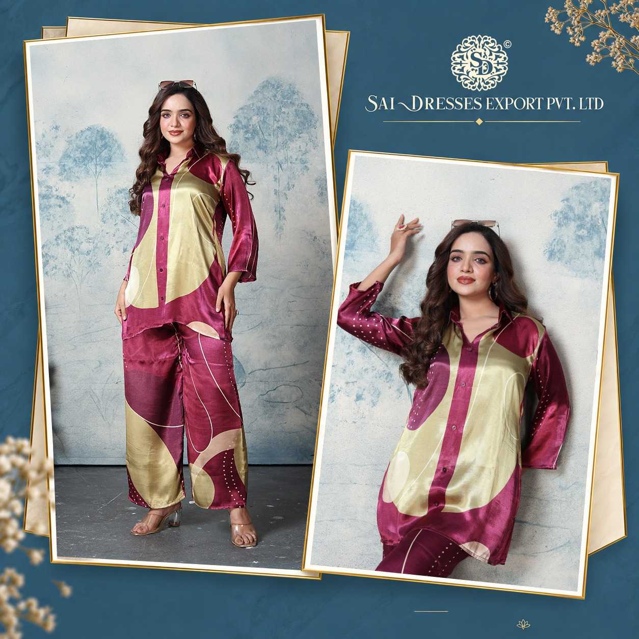 MAROON WHITE MOTIF AND FLORAL BORDER PRINT SHIRT WITH WIDE LEG PANT CO-ORD SET