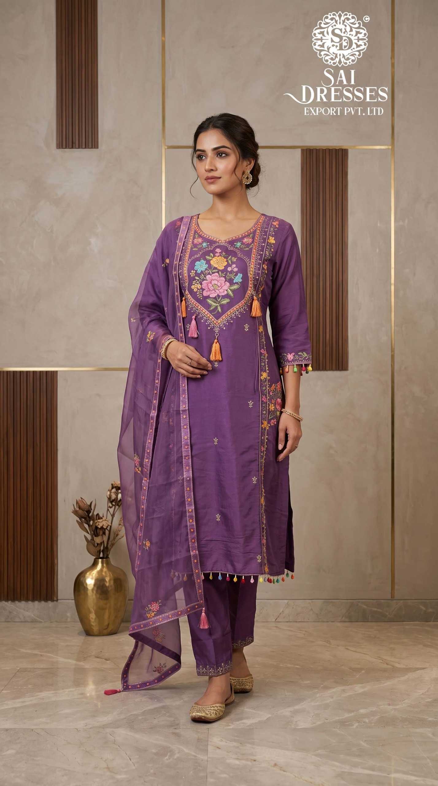 PURPLE MULTICOLOUR FLORAL EMBROIDERED KURTA PANT WITH DUPATTA SET