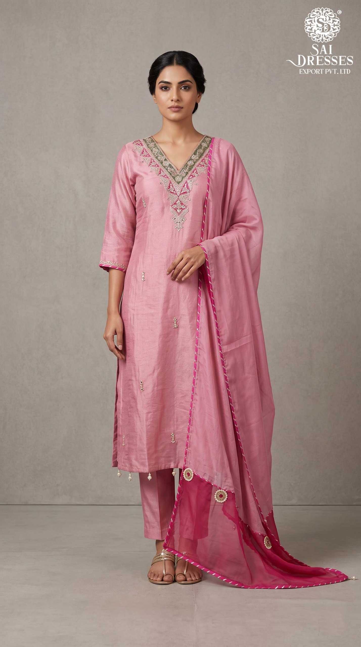 ROSE PINK EMBROIDERED 3 PIECE SUIT WITH CONTRAST RANI PINK DUPATTA