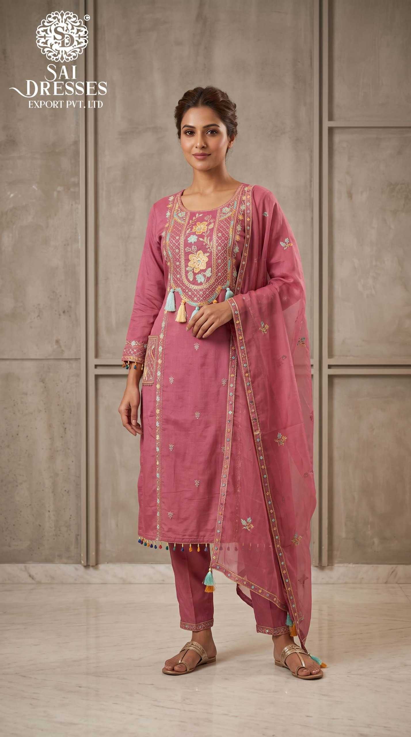 ROSE PINK FLORAL EMBROIDERED KURTA PANT WITH MATCHING DUPATTA SET