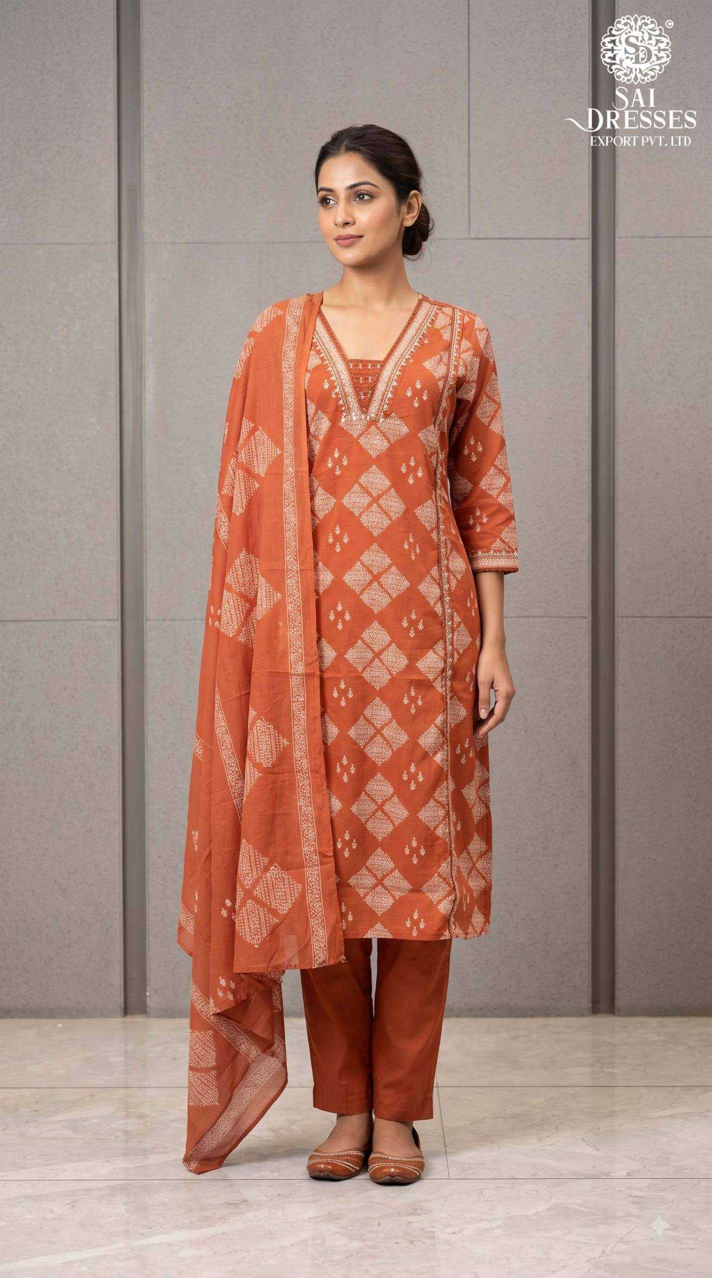 RUST ORANGE TRADITIONAL GEOMETRIC PRINT KURTA PANT WITH MATCHING PRINTED DUPATTA SET